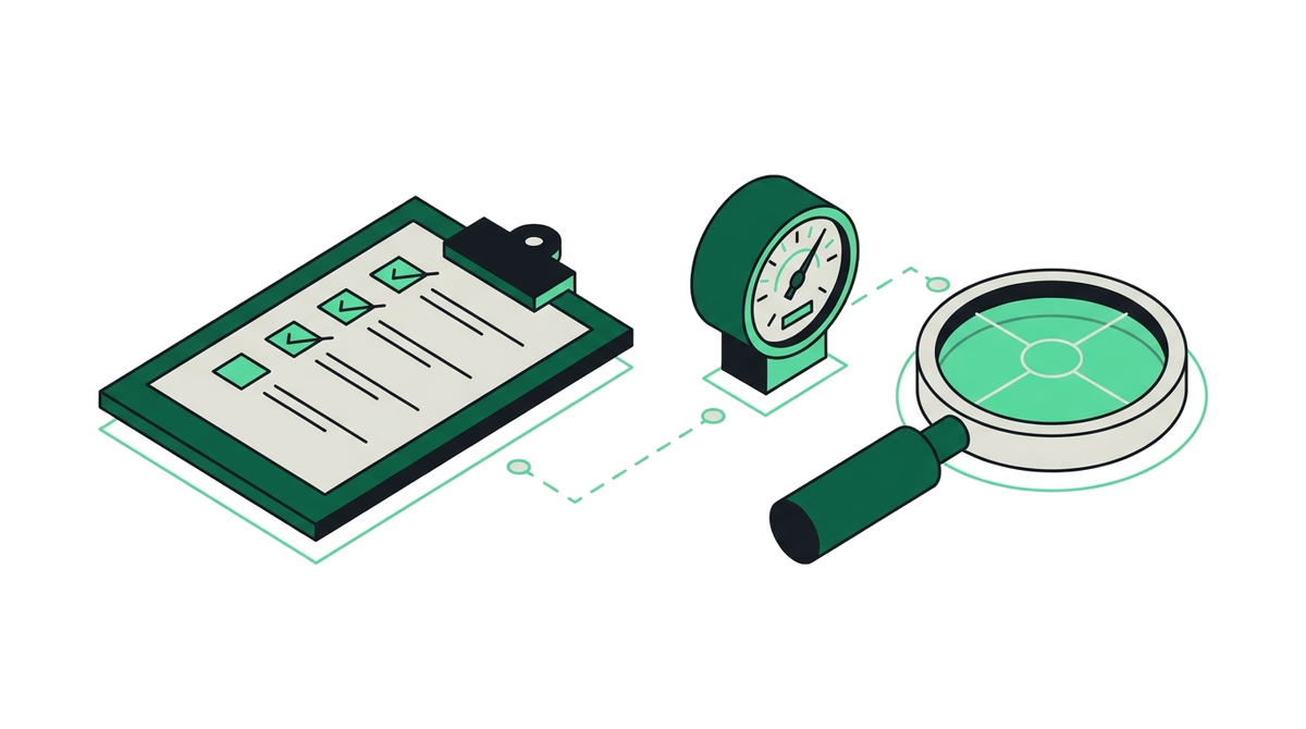 A clipboard checklist beside a measuring dial and magnifying glass, representing testing and verification.