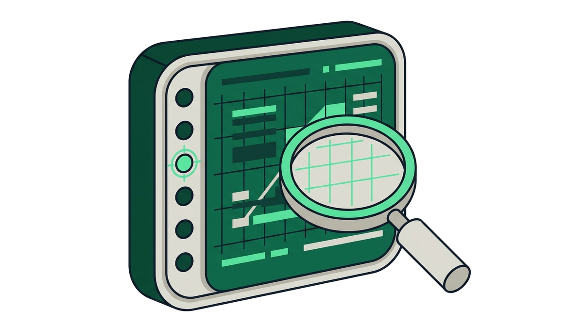 A diagnostic panel with indicator lights and a magnifying glass, representing the hosting error library.