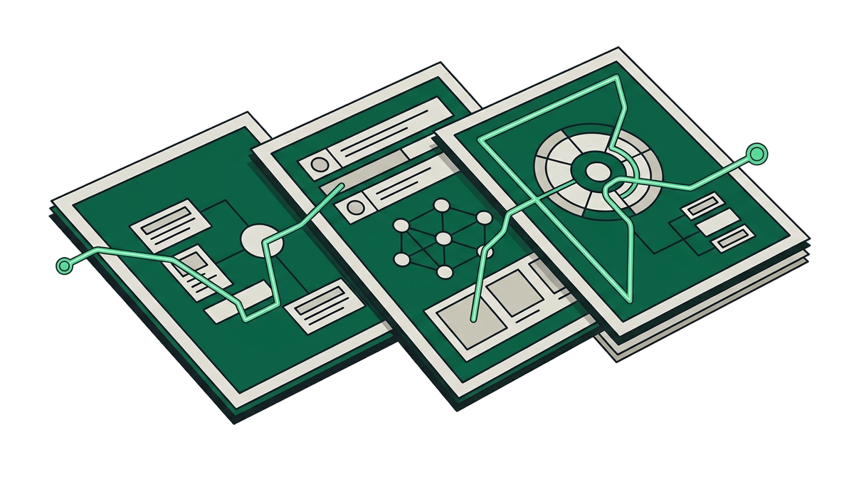 Three overlapping document pages with a path traced across them, representing a series of hosting guides.
