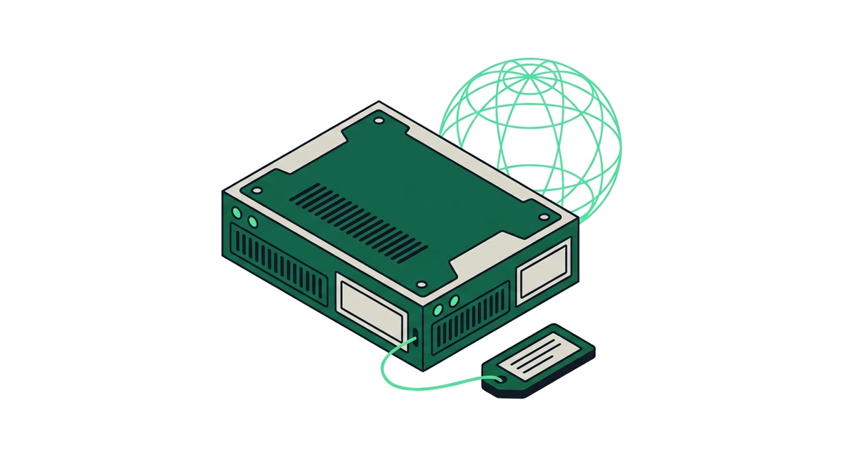 A server with a nameplate tag attached beside a wireframe globe, representing free hosting on a subdomain you choose.