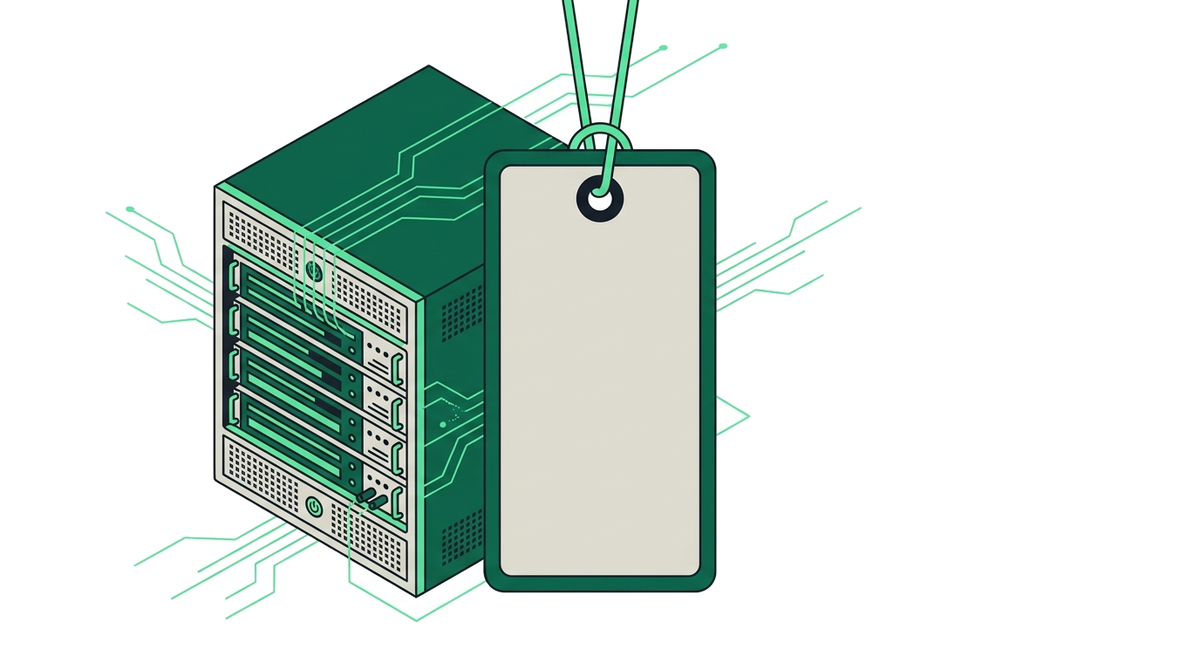 A blank nameplate tag hanging beside a server, representing a subdomain not yet chosen.