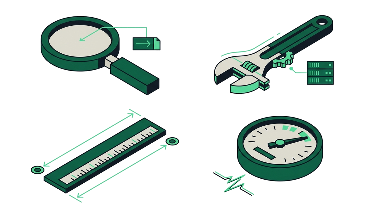 Four instruments in a grid — magnifying glass, wrench, ruler and dial — representing free hosting tools.
